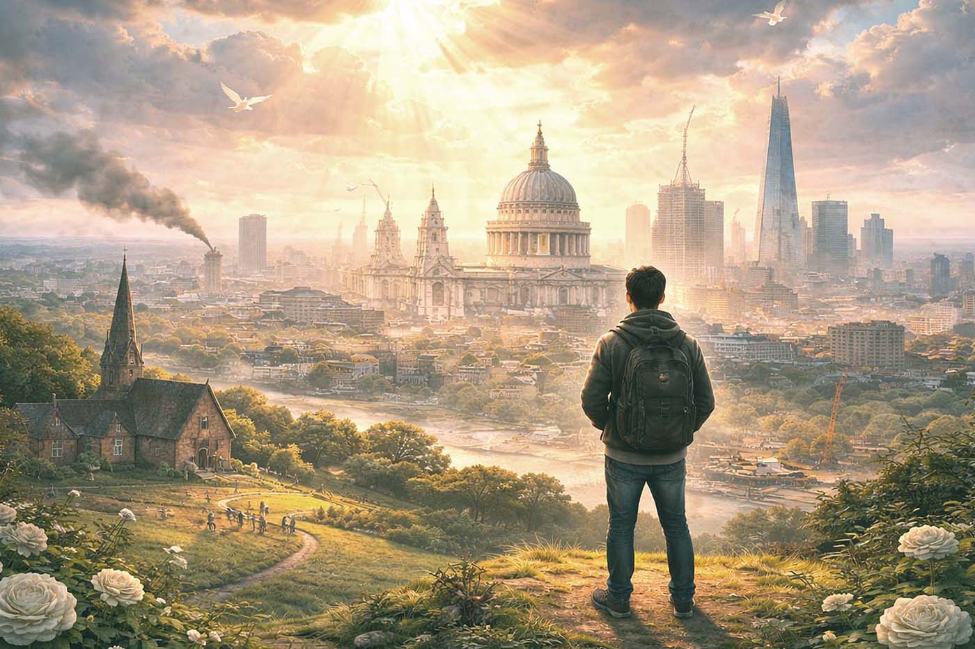 Meaning and purpose in an age of anxiety - youth in rural setting looking out over city metropolis